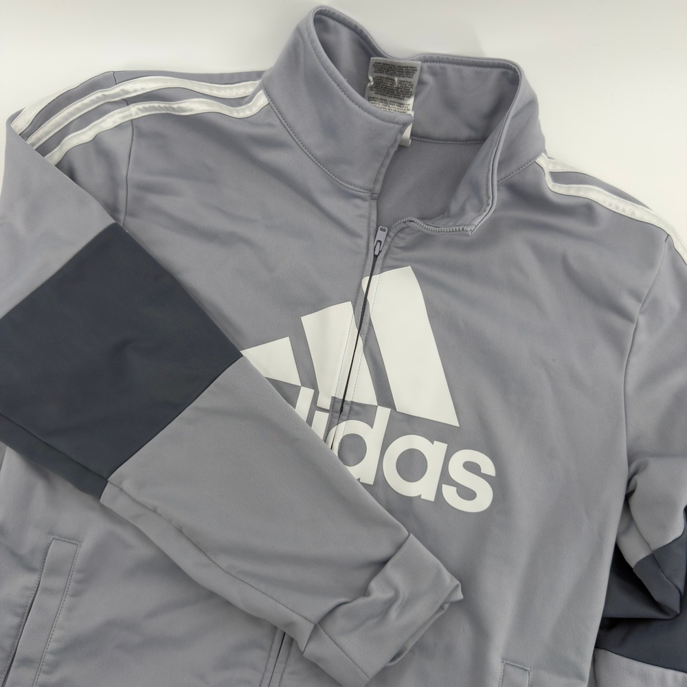 Adidas Kids Grey Full Zip Track Jacket Large 14/16 Triple Stripe Sporty Coat